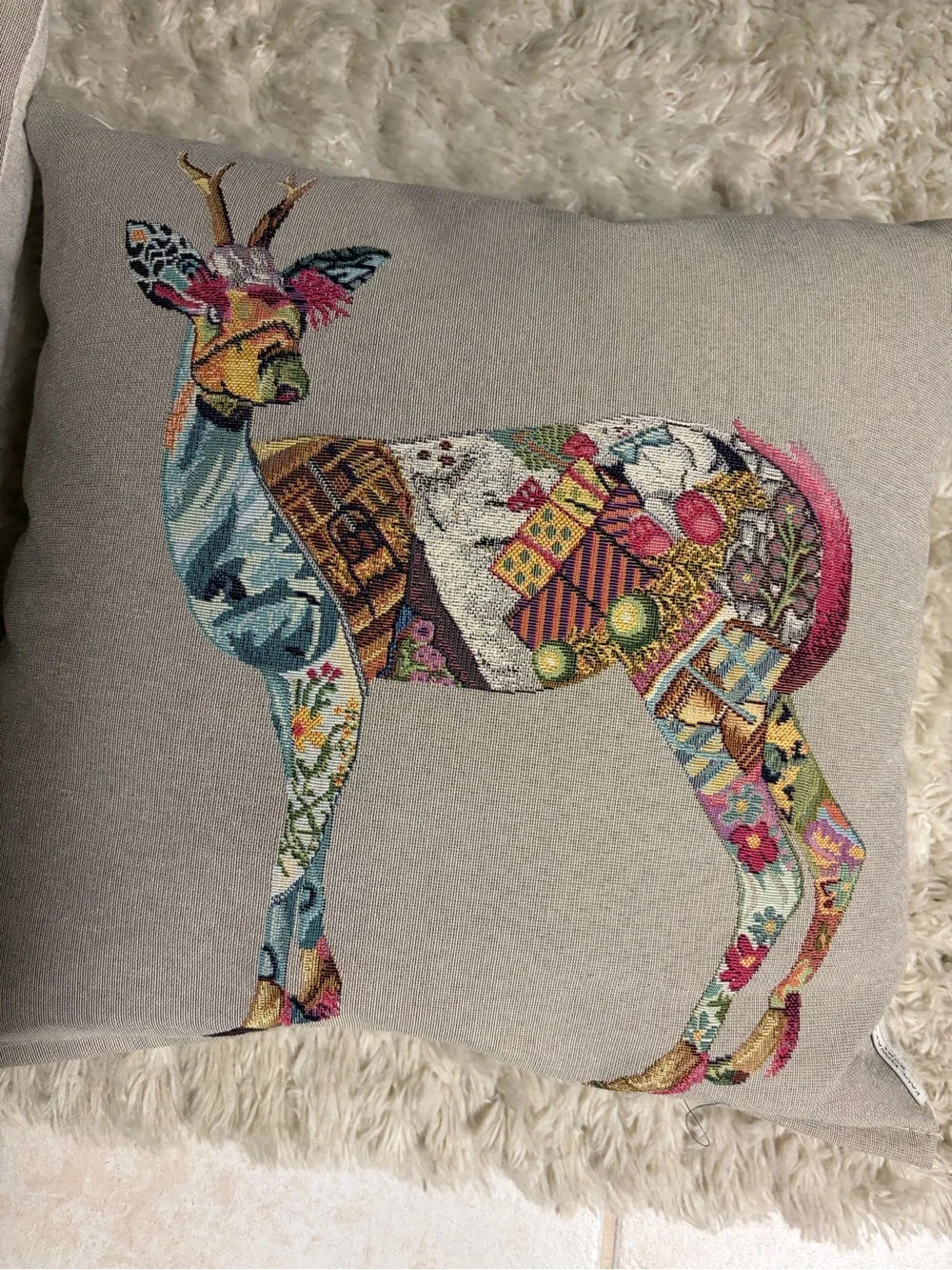 Decorative Beige Pillow with Colorful Patchwork Deer - Set of 2